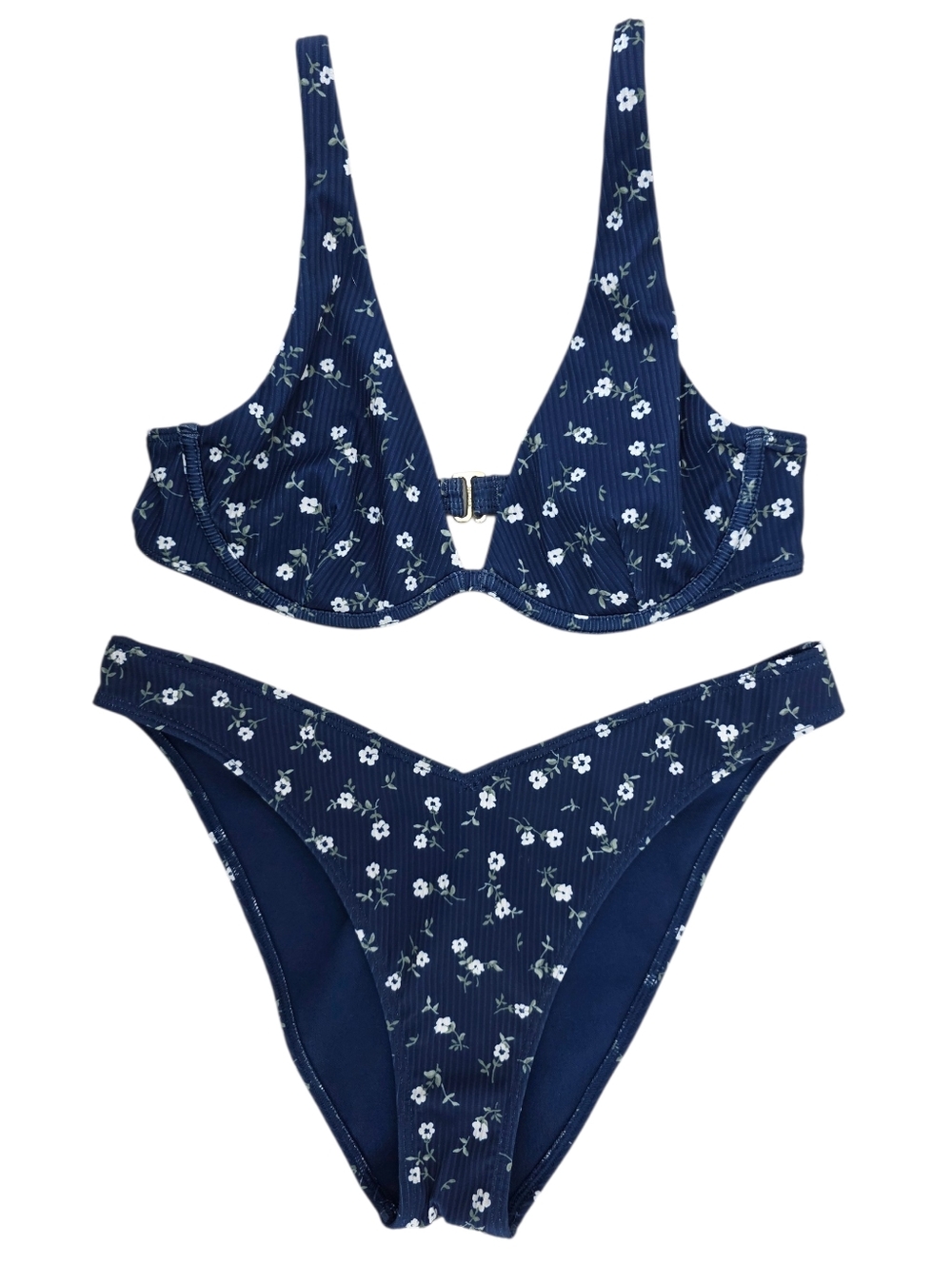 Hollister Swim Bikini Set Ribbed Floral Navy Blue Women's Size Small Cheeky